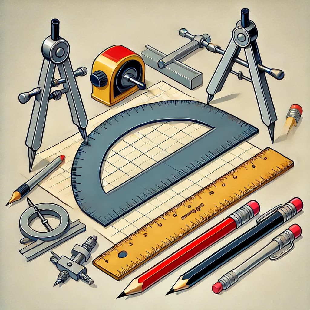 Illustration of drafting tools, compass, set square, ruler and pencils