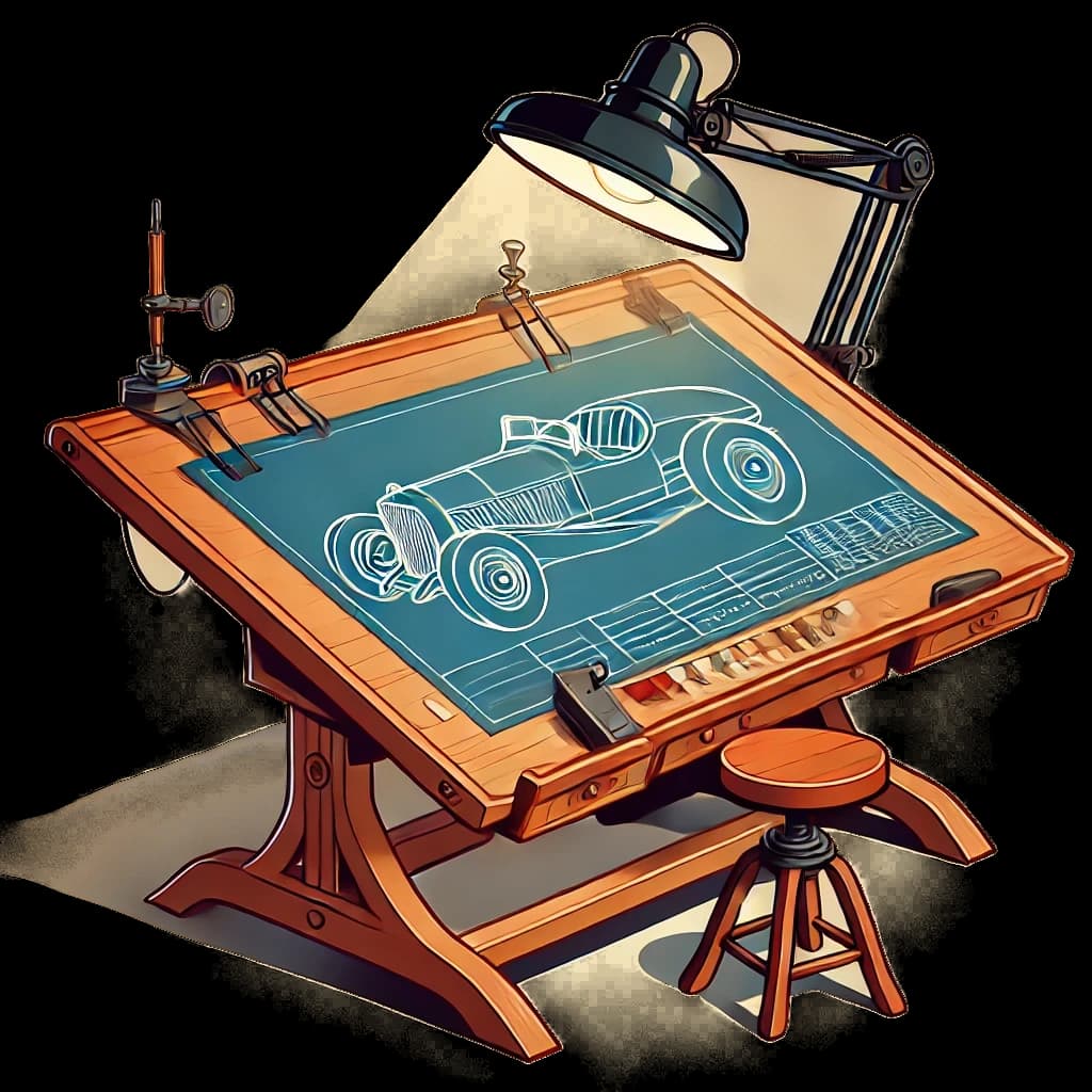 Illustration of a drafting table with an angled lamp and a blueprint