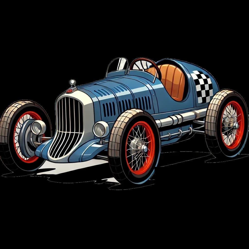 Illustration of a vintage blue racecar with red wheels