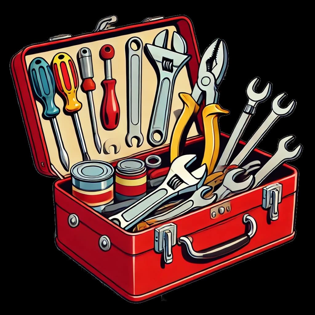 Illustration of an open red toolbox packed with wrenches, pliers and screwdrivers